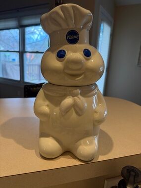 Pillsbury White Doughboy Ceramic Cookie Jar - White with Blue Accents